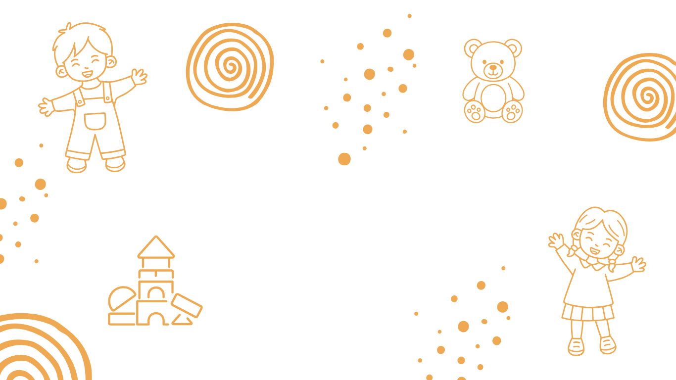 Children's illustrations with toys and patterns on a white background