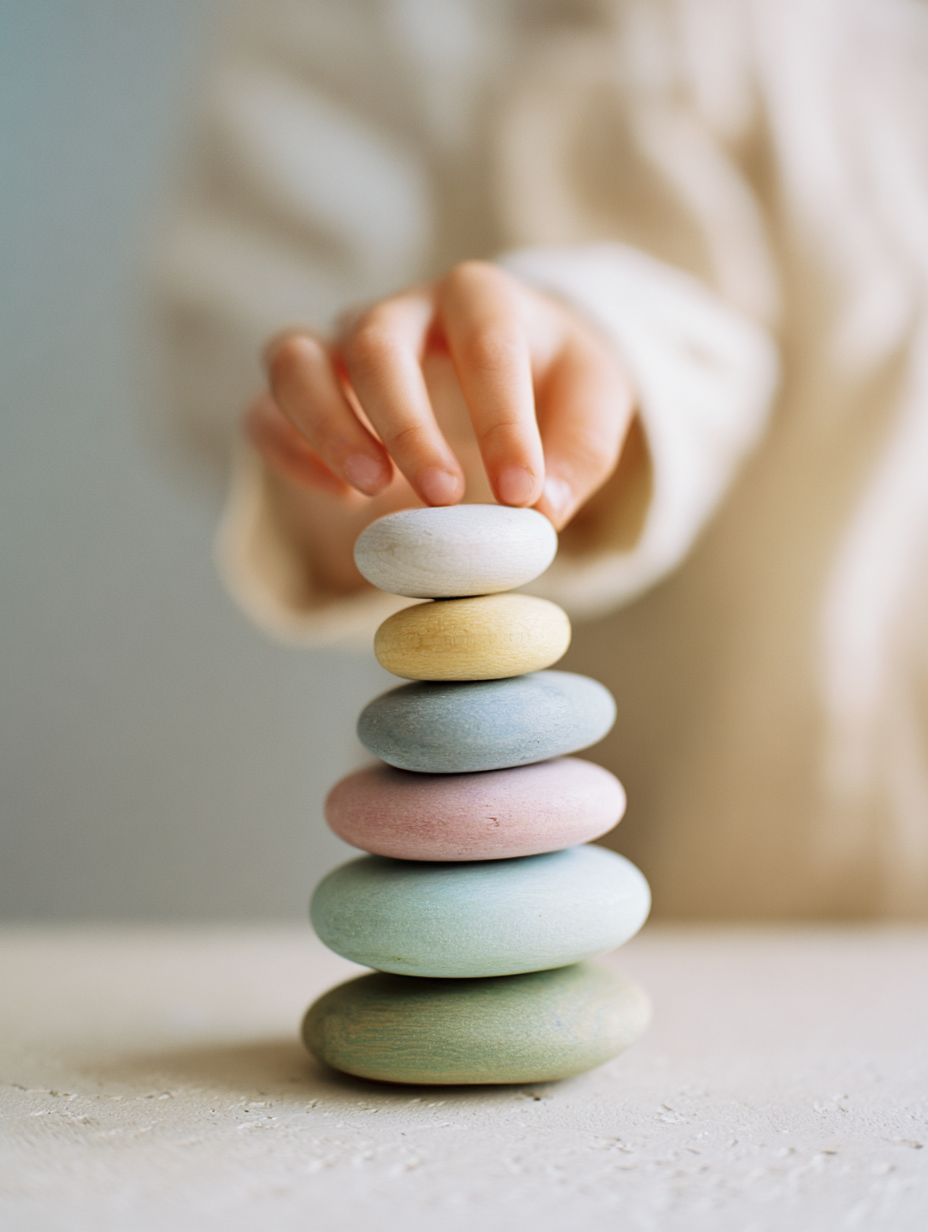A tower of pebbles with a child's hand placing the last one. Representing the eco system of early years. 