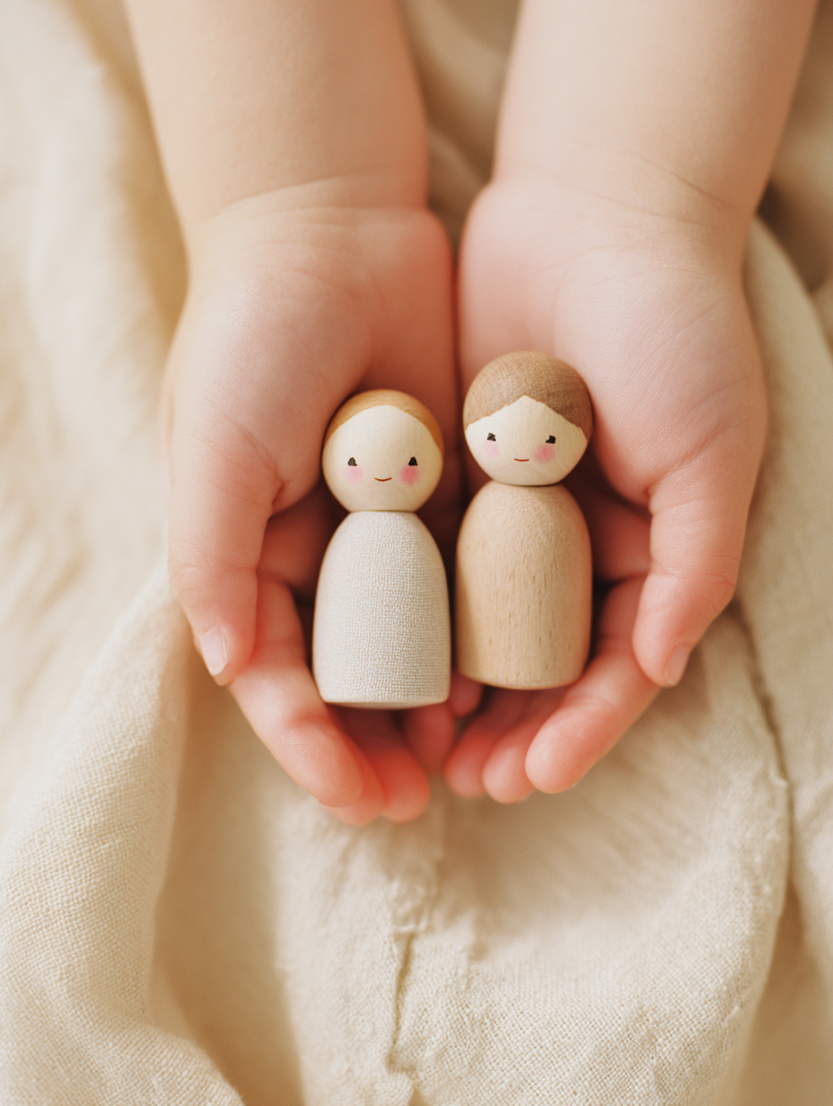 Child's hands holding two wooden peg dolls representing care, teamwork and leadership.