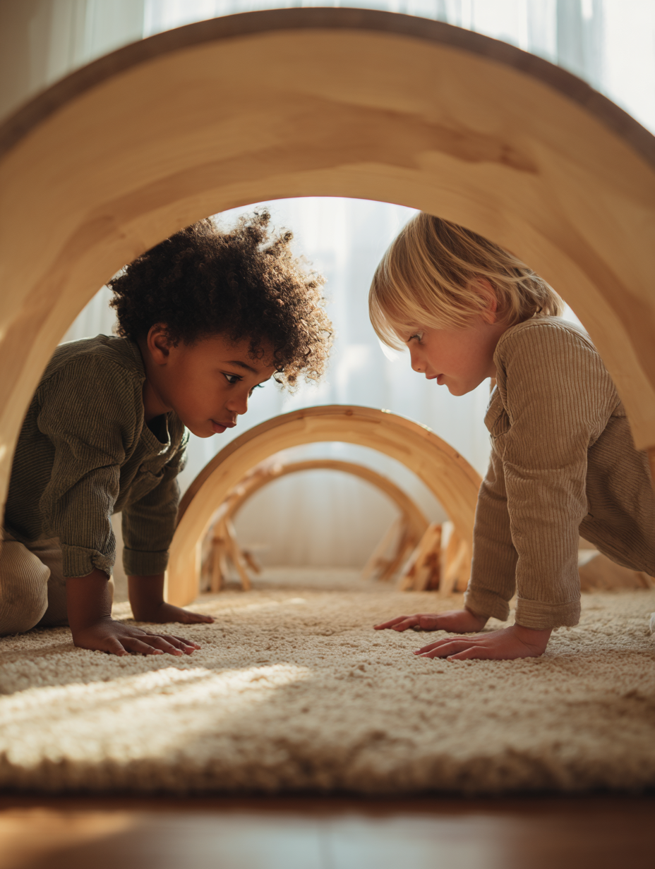Two children crawling under wooden semi circle play structures. 