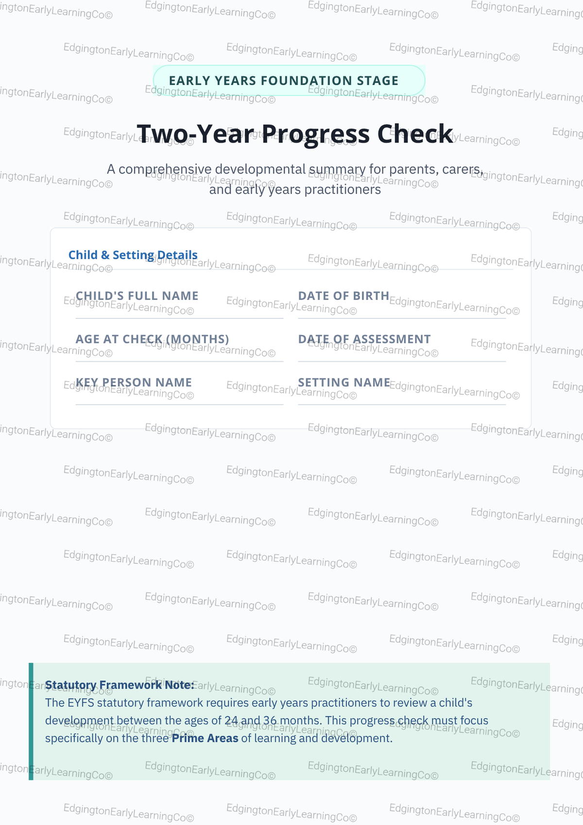 EYFS 2 Year Progress Check Template Digital Download