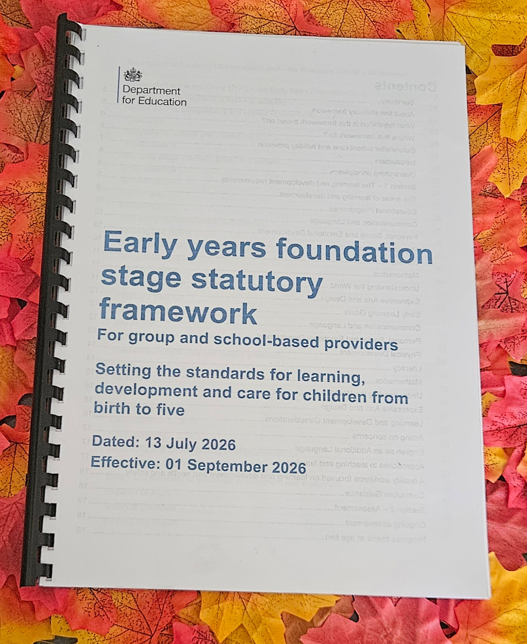 A spiral-bound booklet titled 'Early years foundation stage statutory framework' from the Department for Education, photographed flat on a background of colorful autumn leaves.
