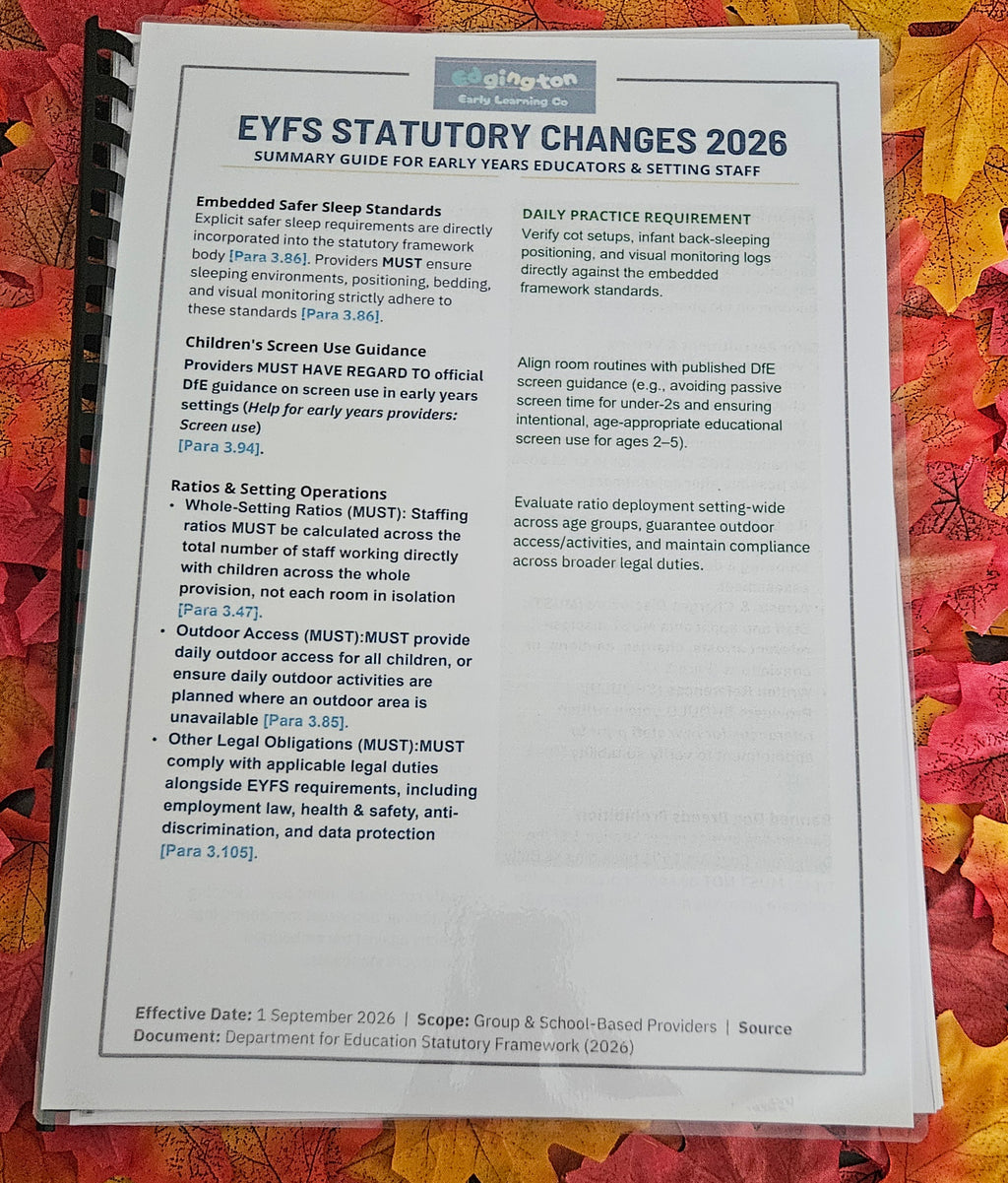 A printed spiral-bound document titled 'EYFS STATUTORY CHANGES 2026' laid flat on a colorful autumn leaf background. The page contains text about early years education settings and statutory requirements, with the 'oligan' logo at the top.