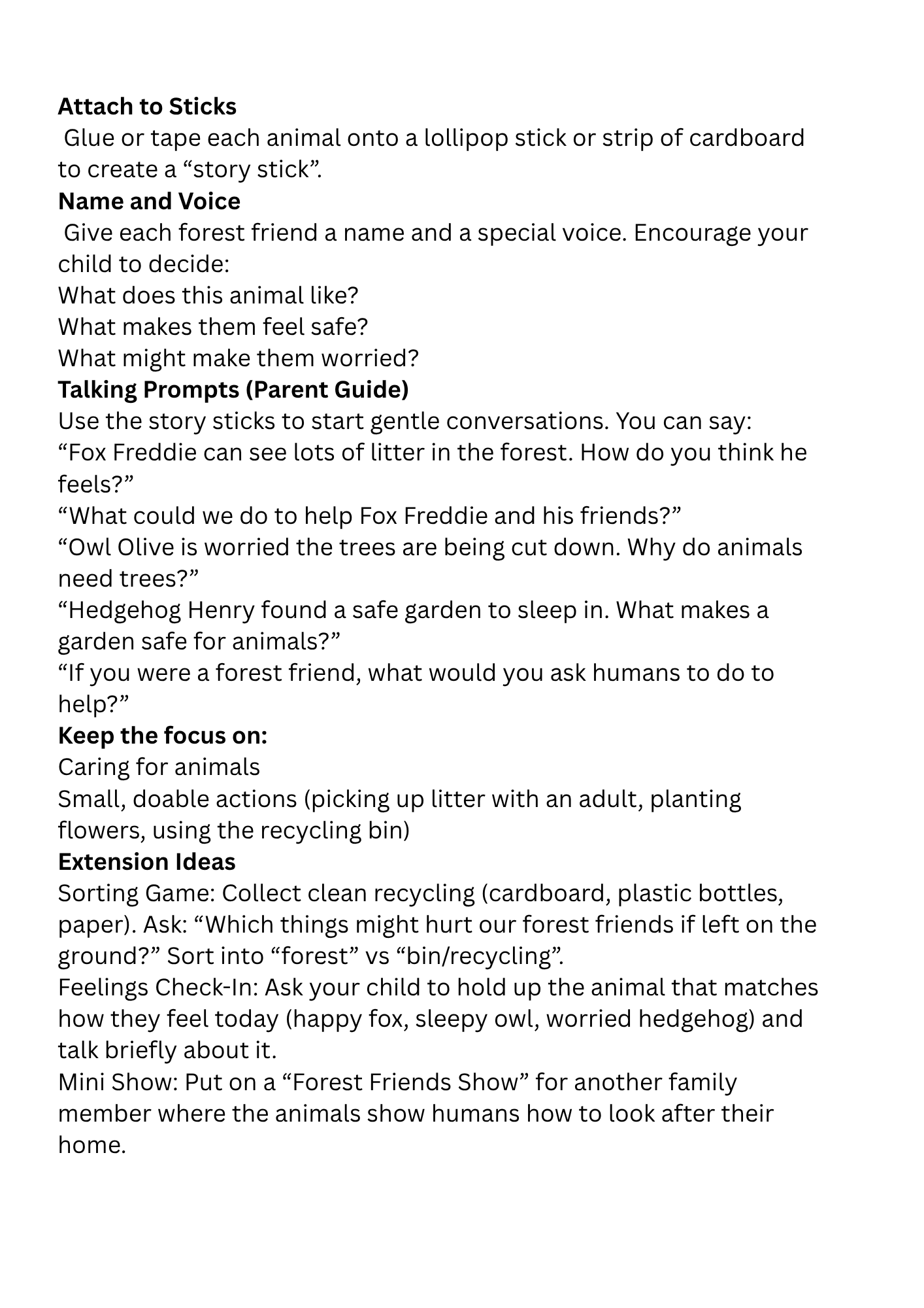 Instructions for creating story sticks with forest animals and engaging activities.
