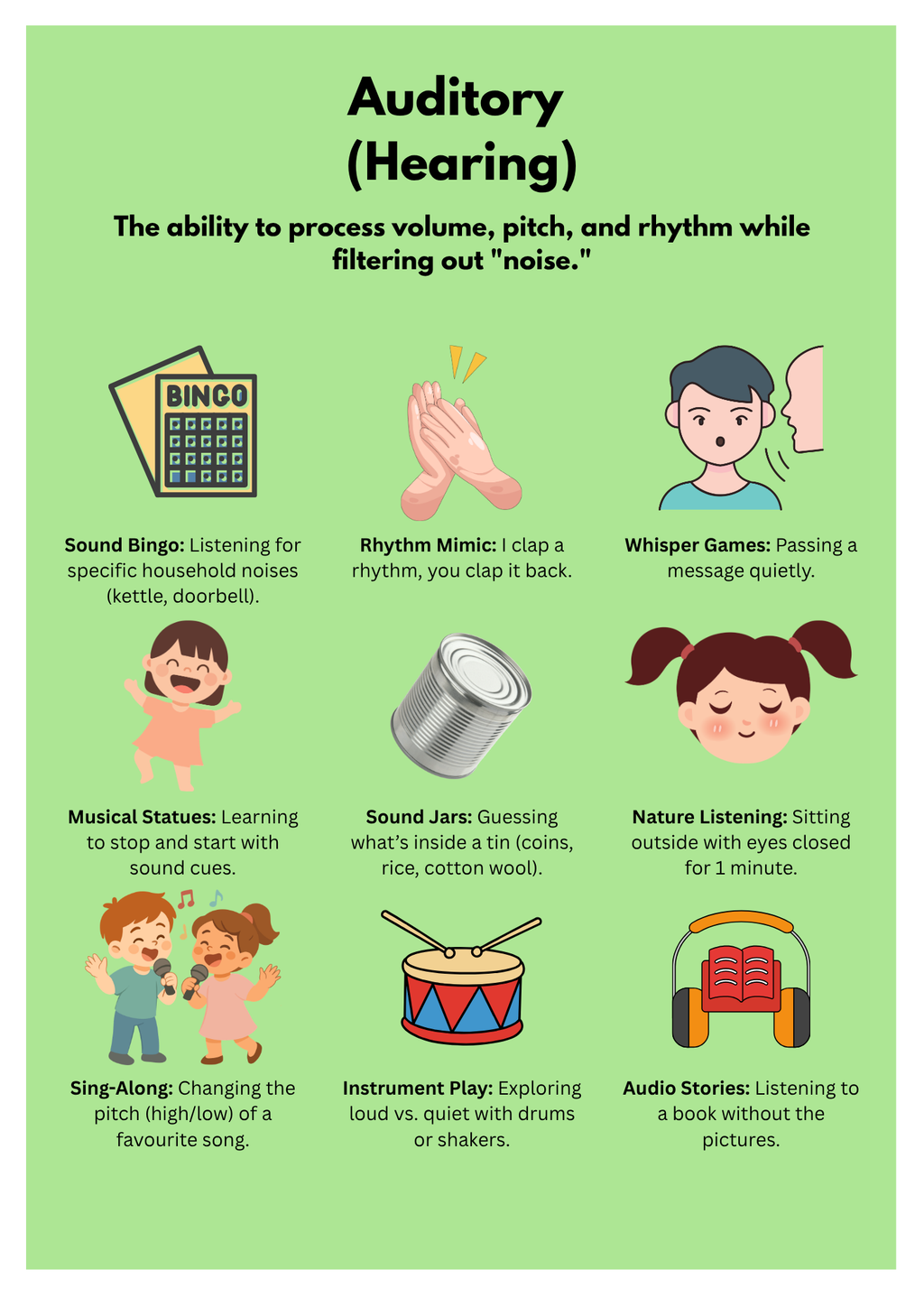 Educational poster on auditory skills with various activities on a green background