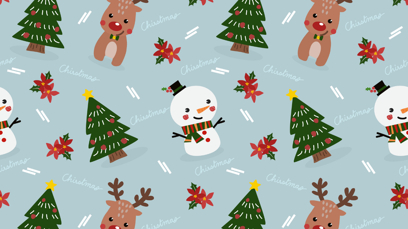 Christmas-themed pattern with trees, snowmen, and reindeer on a blue background.