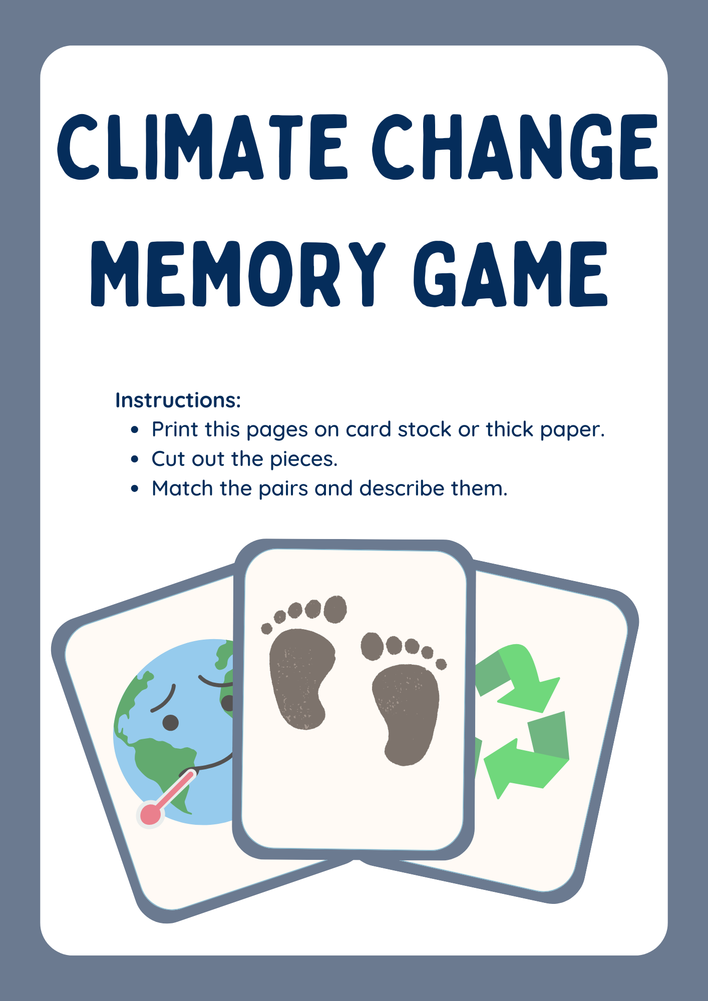 Climate Change Memory Game instructions with cartoon cards on a blue background