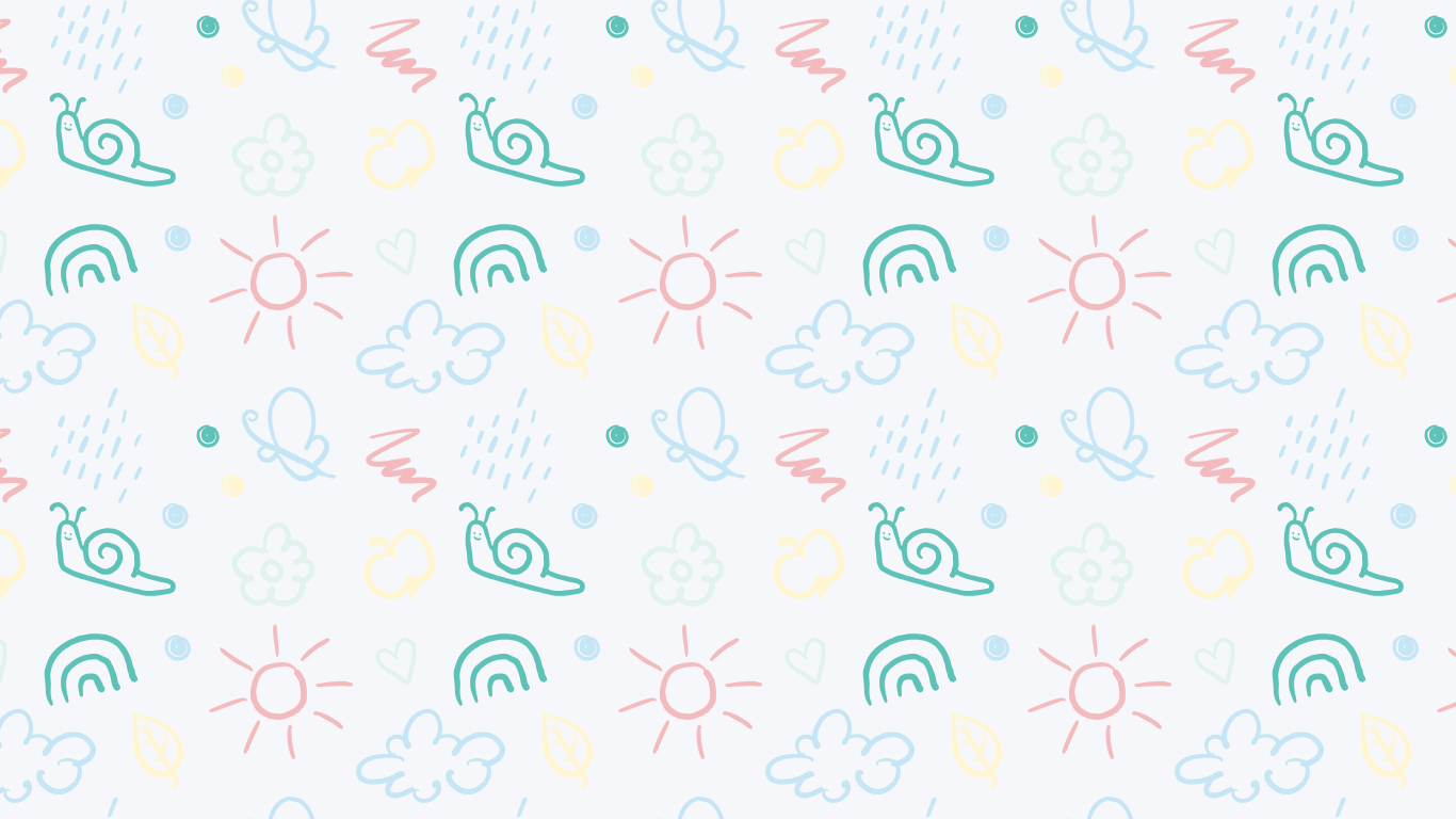 Pattern of snails, suns, and flowers in pastel colors on a light blue background