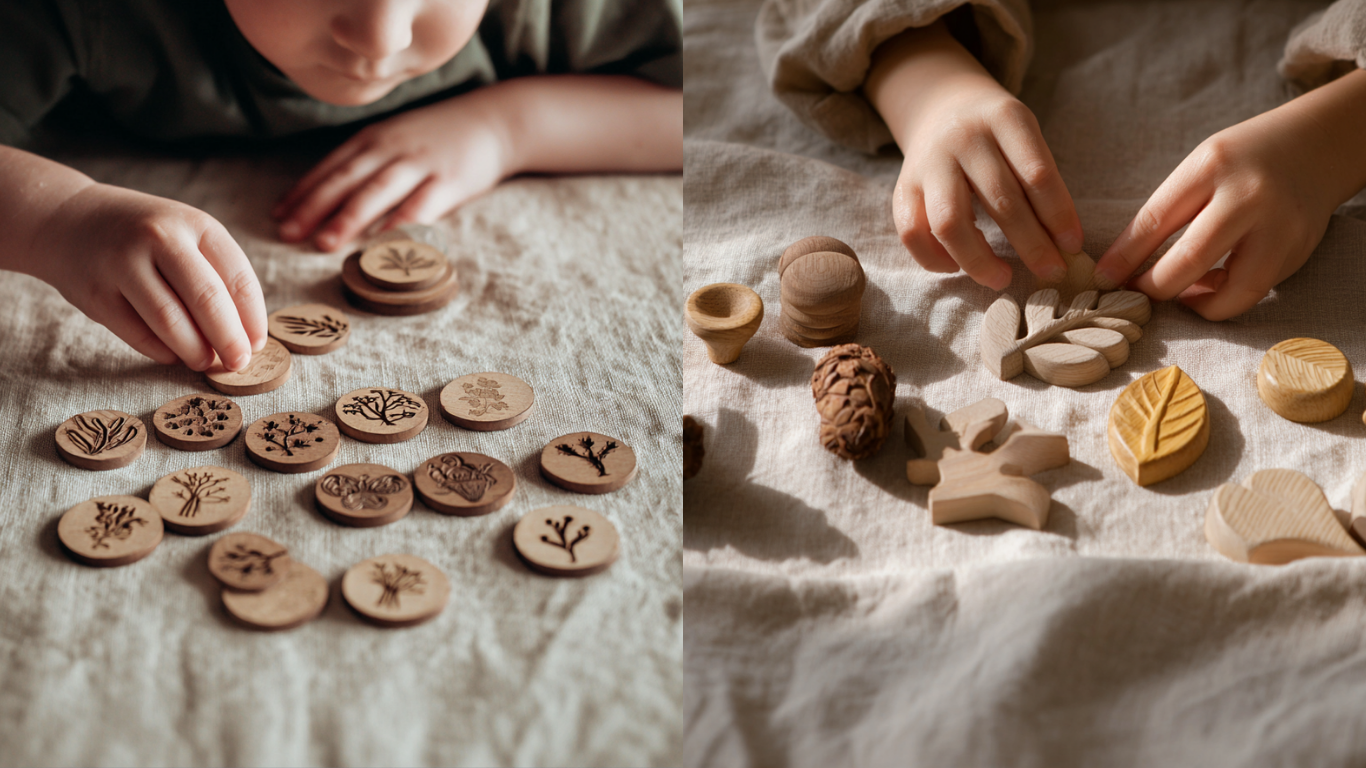 Two images showing hands arranging wooden stamps with leaf patterns on a textured surface showing inclusive settings based on the Full Inspection and Audits of the Early Years Consultant. 