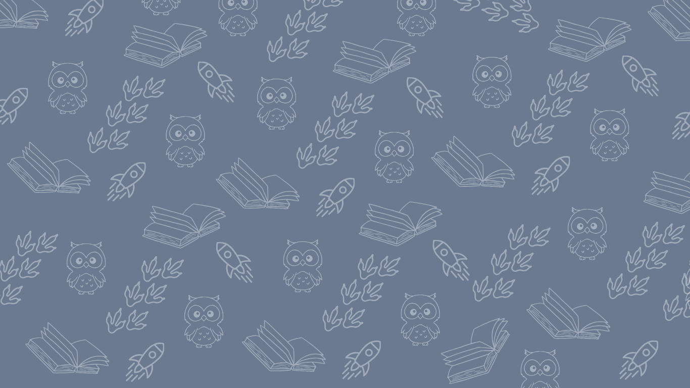 Pattern of books, owls, and leaves on a blue background