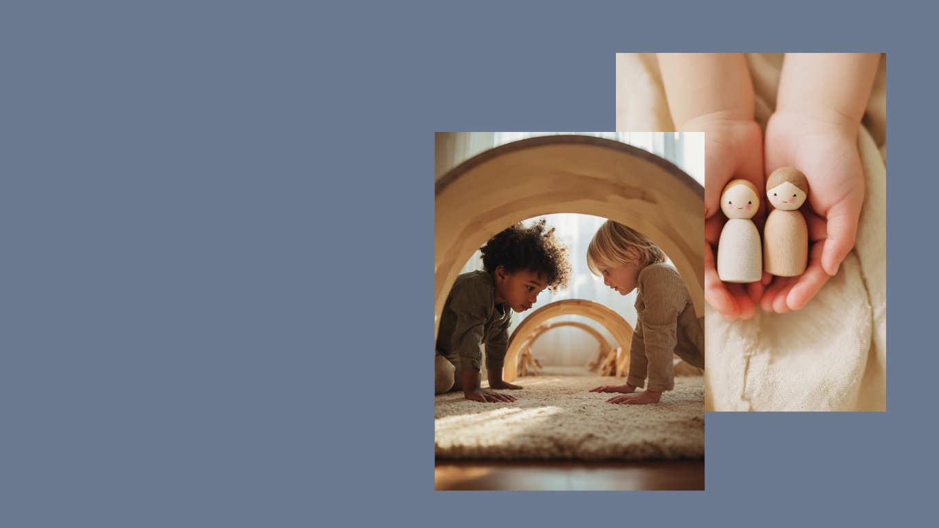 Two children playing under wooden arches and a close-up of a child holding wooden peg people, representing the calm, trauma-informed, and inclusive Early Years environments created through our specialist consultancy
