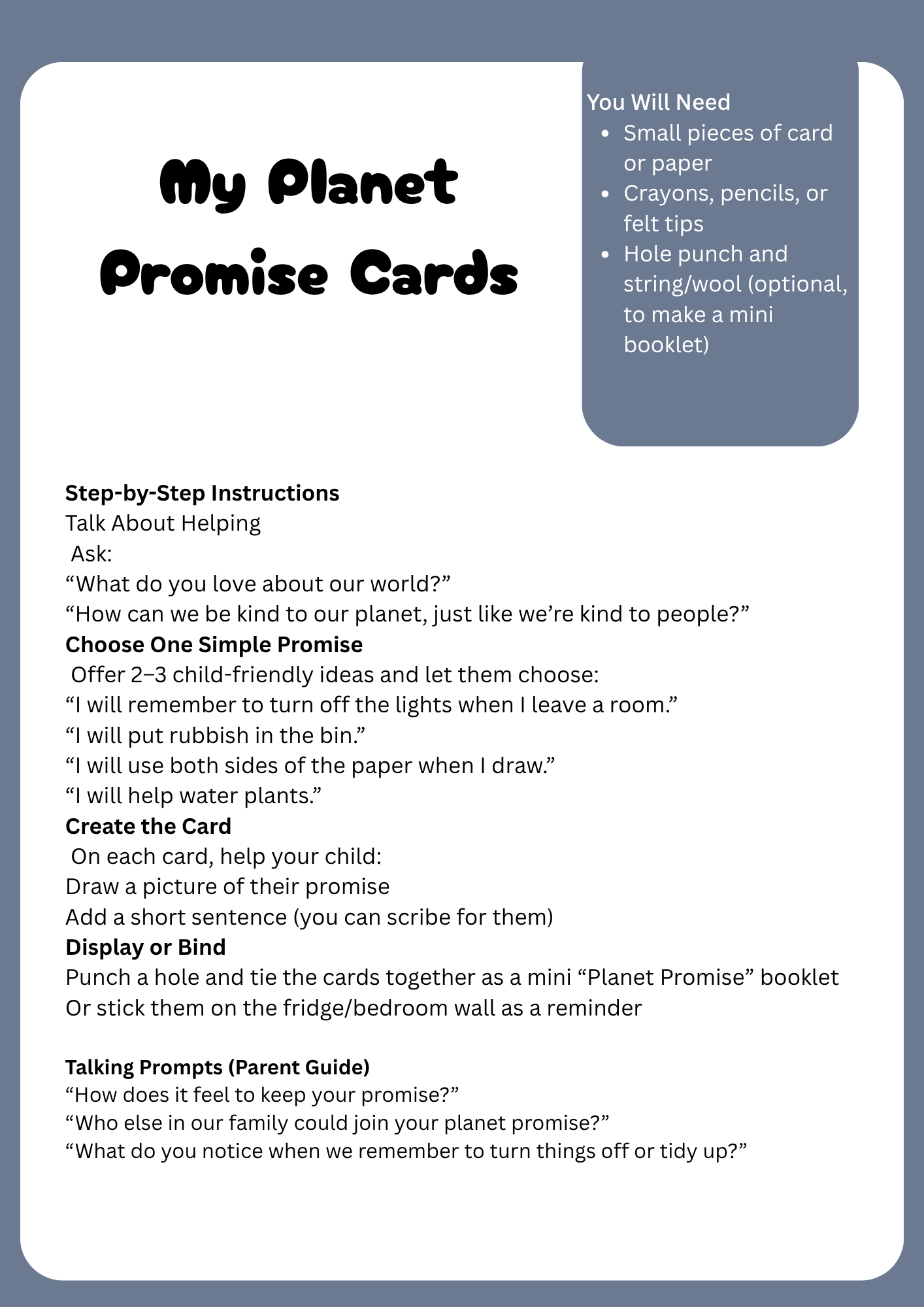 Instructions for creating 'My Planet Promise Cards' with step-by-step guide and materials list.