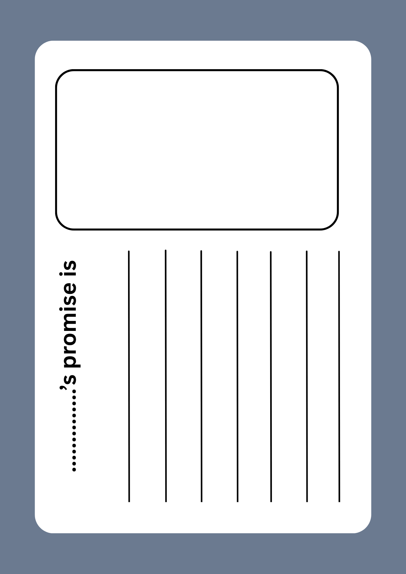 White card with text 'promise is' on a blue background