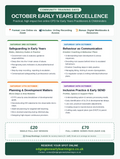 Promotional flyer for an online early years training course titled 'Community Training Days - October Early Years Excellence'. The flyer features a green header and footer with white text, and four colored boxes detailing the four Saturday sessions (Safeguarding in Early Years, Behaviour as Communication, Planning & Development Matters, and Professional Practice & Early SEND) with prices and booking information.