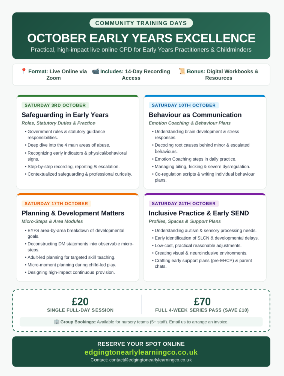 Promotional flyer for an online early years training course titled 'Community Training Days - October Early Years Excellence'. The flyer features a green header and footer with white text, and four colored boxes detailing the four Saturday sessions (Safeguarding in Early Years, Behaviour as Communication, Planning & Development Matters, and Professional Practice & Early SEND) with prices and booking information.