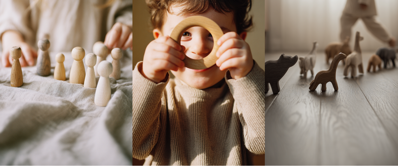 Collage of children playing in Early Years Settings with wooden toys, including a child holding a toy ring and another playing with toy animals.