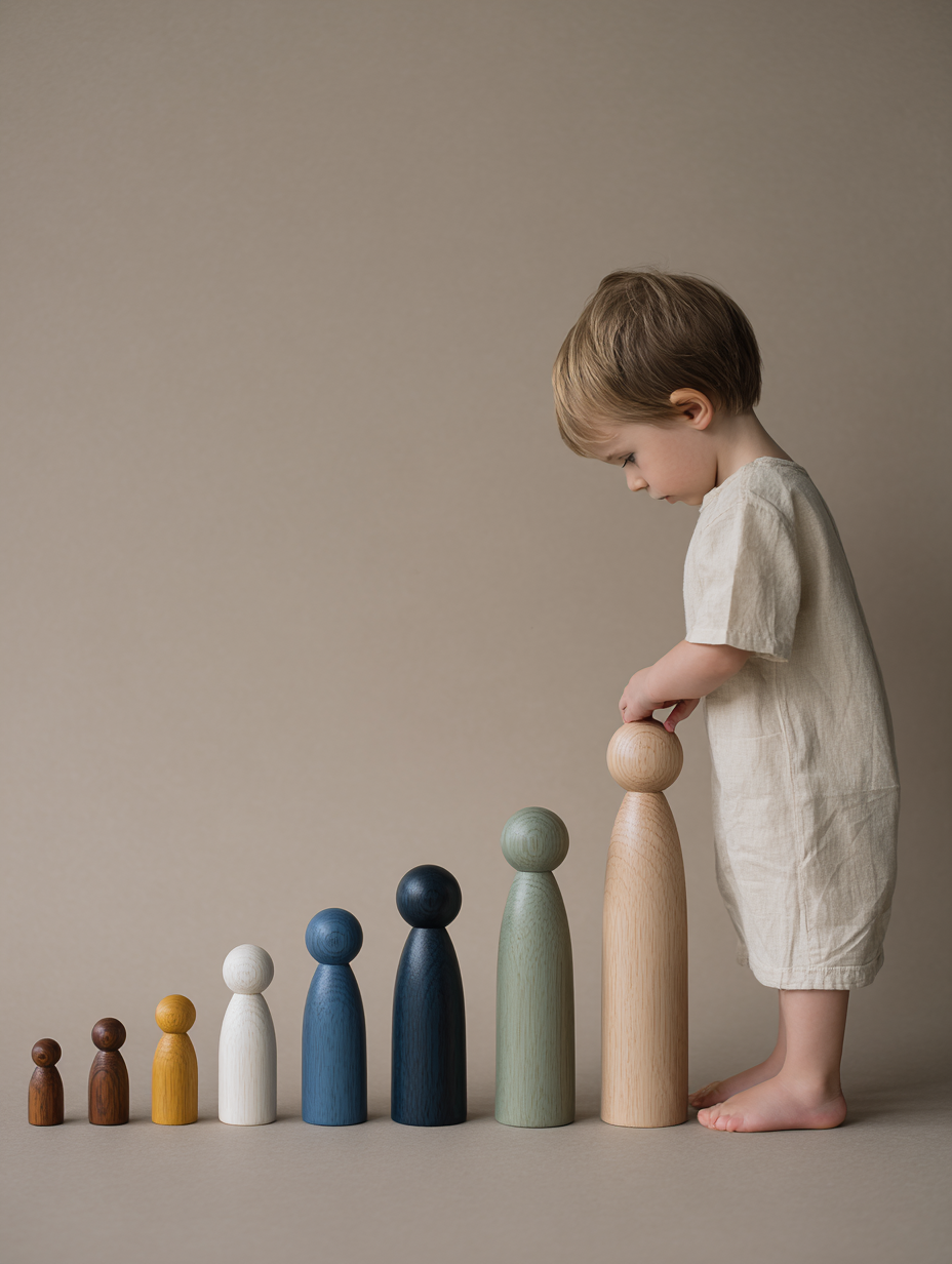 Child interacting with wooden toys on a neutral background, representing the specialist pillars of the Early Years Consultant.