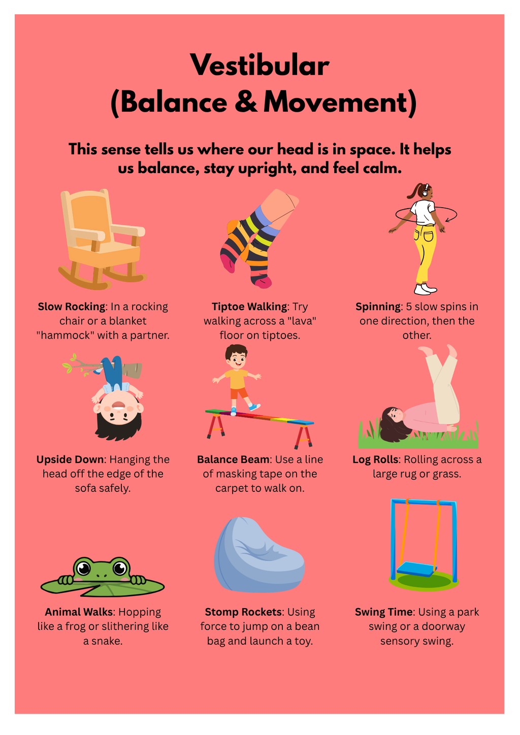 A Poster showing 9 activities for Early Years and SEND Sensory Processing for Vestibular. All with visuals and descriptions. 