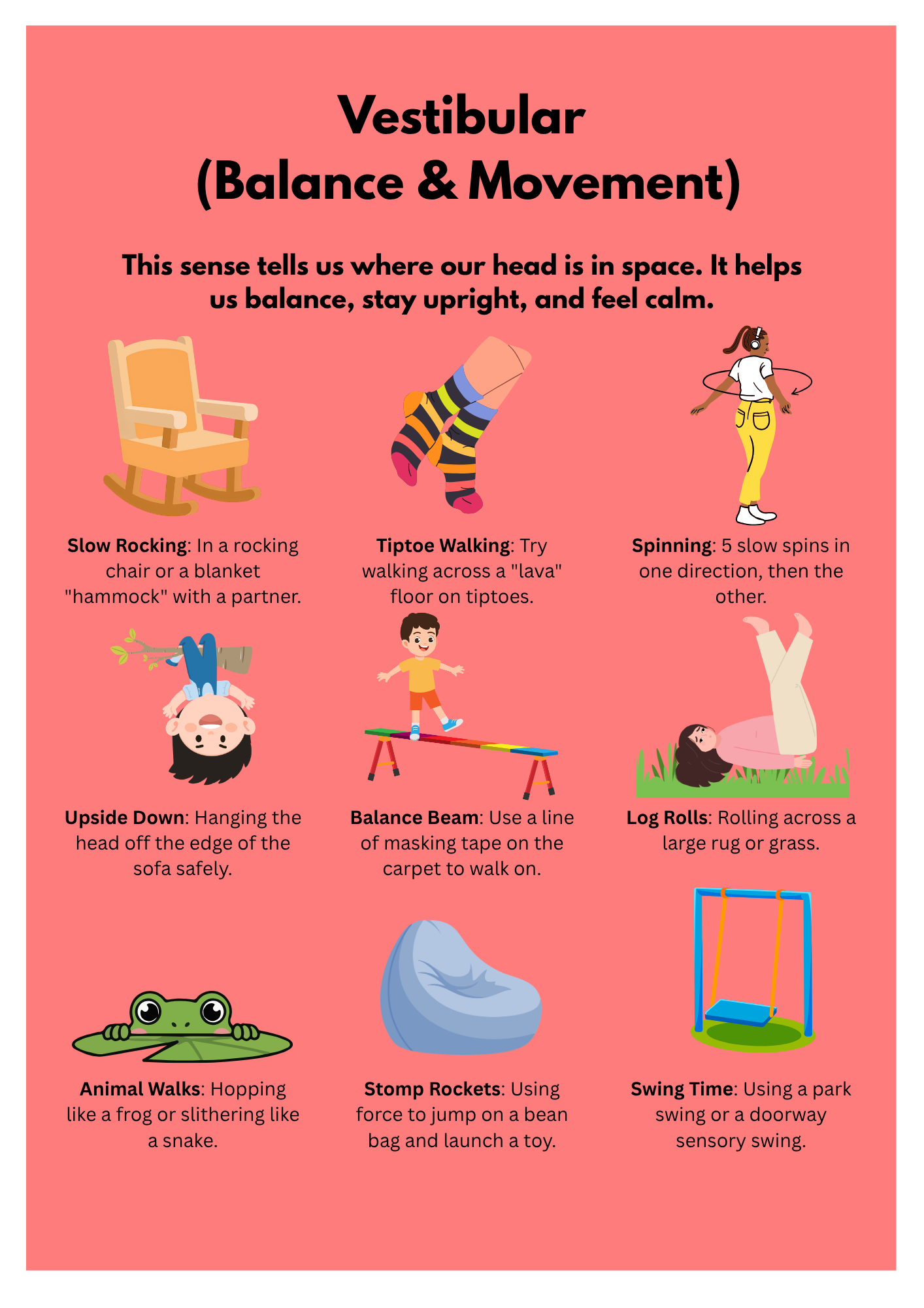 A Poster showing 9 activities for Early Years and SEND Sensory Processing for Vestibular. All with visuals and descriptions. 