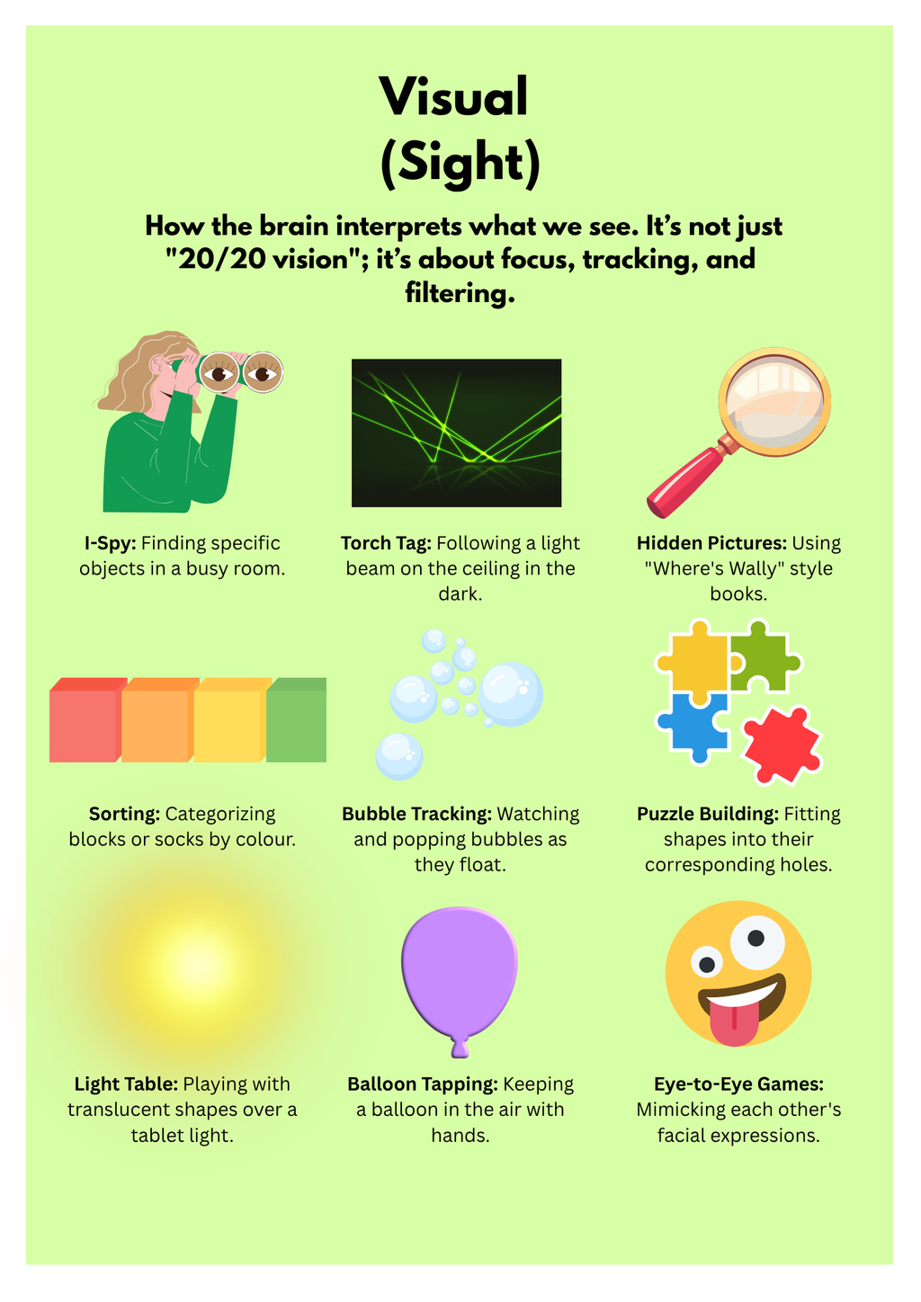Educational infographic about visual development with various activities and illustrations.