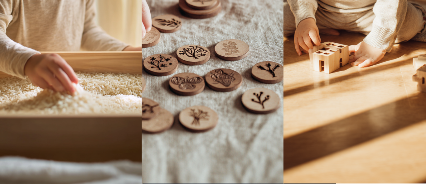 A triptych showing children engaging in intentional play with wooden tools, blocks, and peg people, representing our specialist EYFS services in Setting Audits, Bespoke Consultancy, and Staff CPD.
