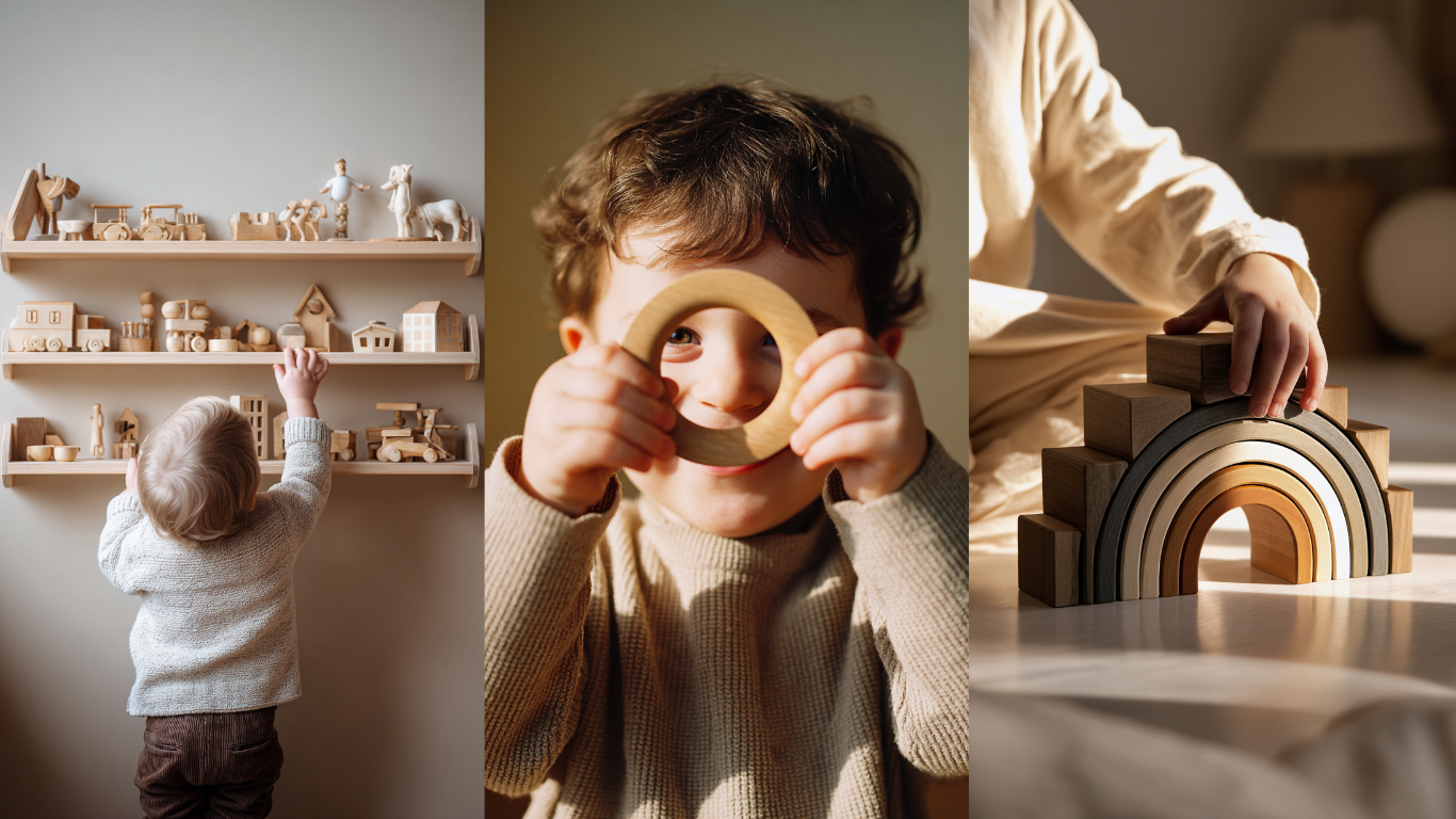 A composite image representing our Early Years knowledge hub: a child reaching for wooden toys on a shelf for The Learning Blog, a smiling child for Early Years News, and a child stacking a wooden rainbow for Early Years Management.
