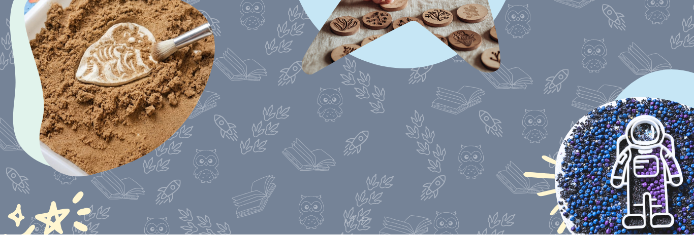 Hero banner showcasing early years resources including fossil excavation sensory play, wooden themed stamps, and astronaut small world play, representing our EYFS curriculums, digital downloads, and themed physical resources.