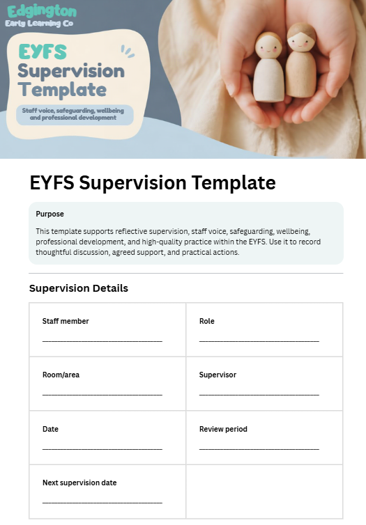EYFS Supervision template front page, showing Edgington Early Learning Co banner, with a table to enter staff details.